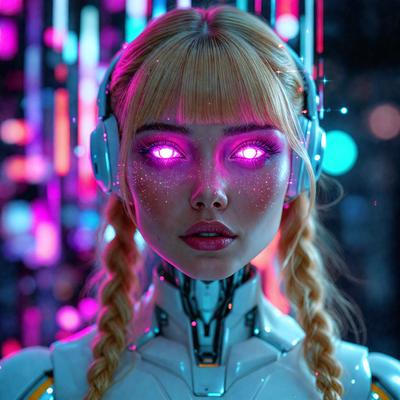 The primary subject of the image is a woman with pink eyes, wearing a futuristic outfit and headphones. She has a ponytail and is wearing a white and silver outfit. The setting is a futuristic environment, possibly a nightclub or a similar venue. The visual style is a combination of digital art and illustration, creating a unique and captivating image. The colors and mood of the image are predominantly pink and purple, giving it a vibrant and